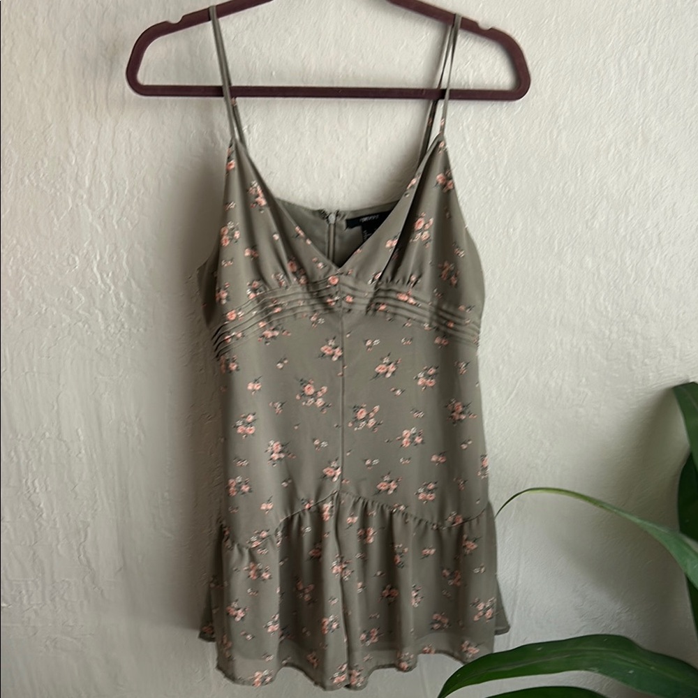 olive green and pink floral romper with ruffle hem